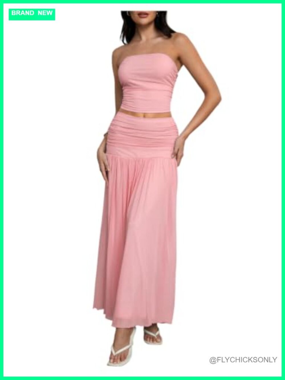 Women's 2 Piece Ruched Crop Top Mesh Long Skirt Set